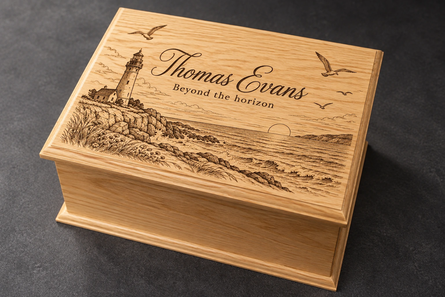 Oak ashes casket example with lighthouse and coastal engraving