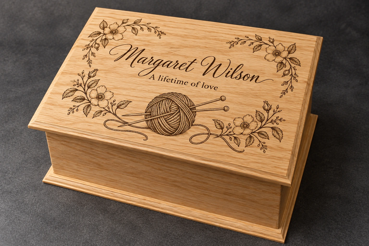 Oak ashes casket example with knitting wool and delicate floral engraving