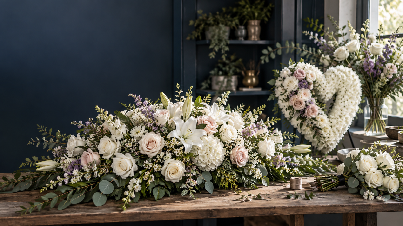 Soft white and blush floral tributes