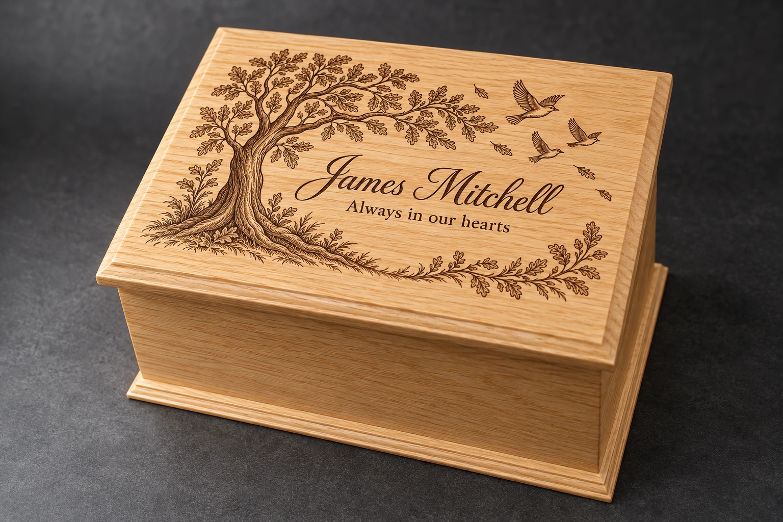 Personalised oak ashes casket with a tree and birds engraved on the lid