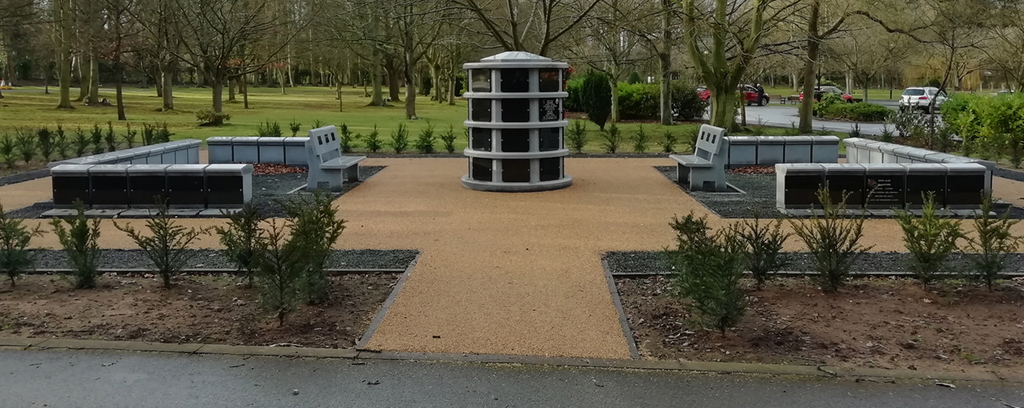 Paths, benches and memorials in the grounds at Rose Hill Crematorium in Doncaster