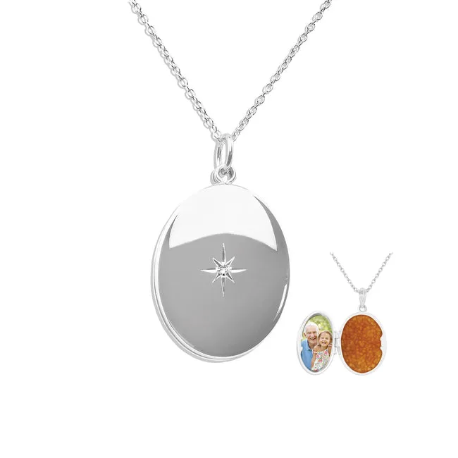 Shining Star Oval Shaped Sterling Silver Memorial Ashes Locket (New Style)