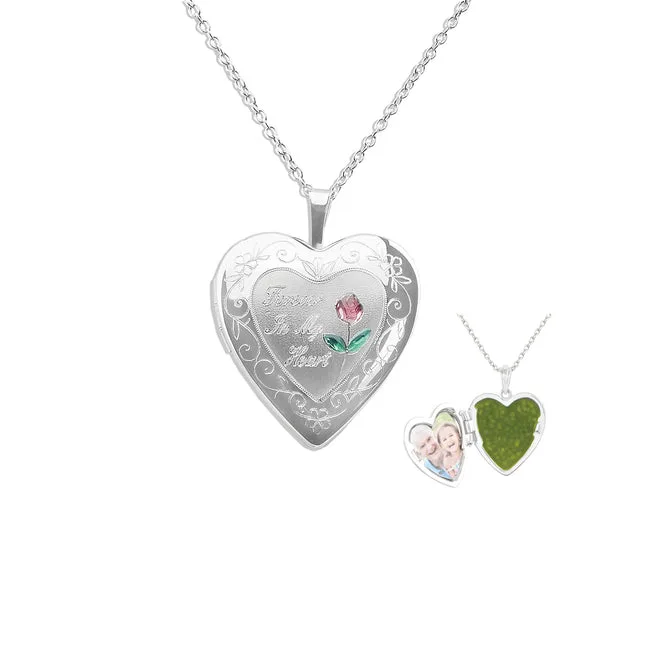 Pink Rose Heart Shaped Sterling Silver Memorial Ashes Locket (New Style)