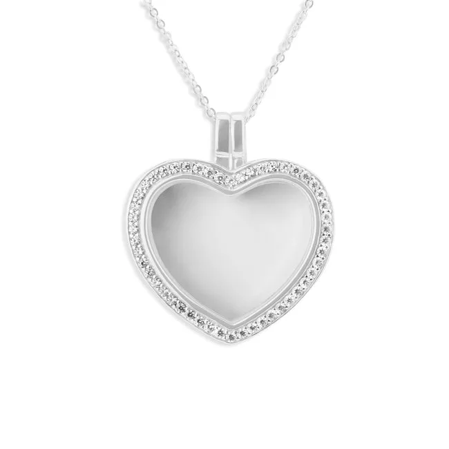 Large Heart Glass Locket Sterling Silver Cremation Ashes Locket With Fine Crystals