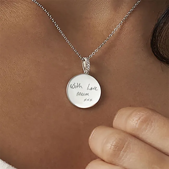 Engraved Round Memorial Handwriting Pendant with Fine Crystals