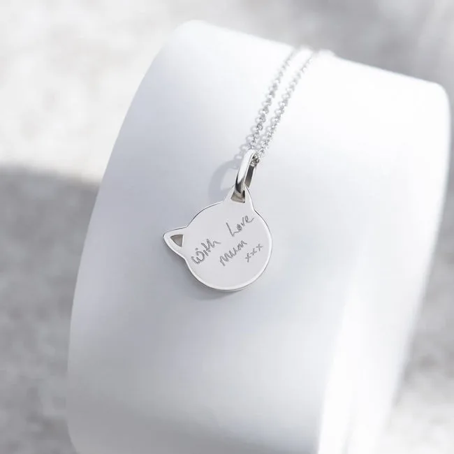 Engraved Cat Handwriting Memorial Pendant with Fine Crystal