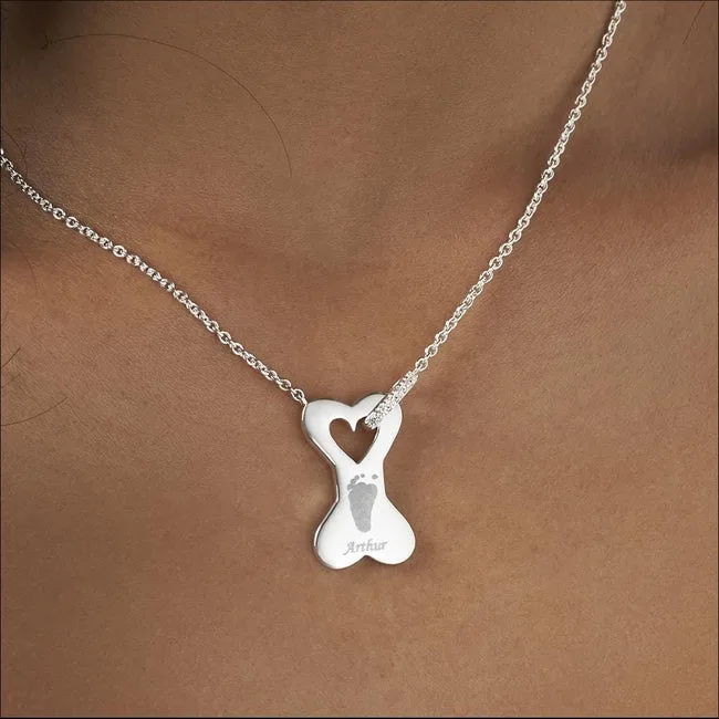 Engraved Dog Bone Handprint or Footprint Memorial Necklace with Fine Crystals