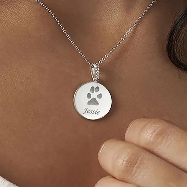Engraved Round Pawprint Memorial Pendant with Fine Crystals