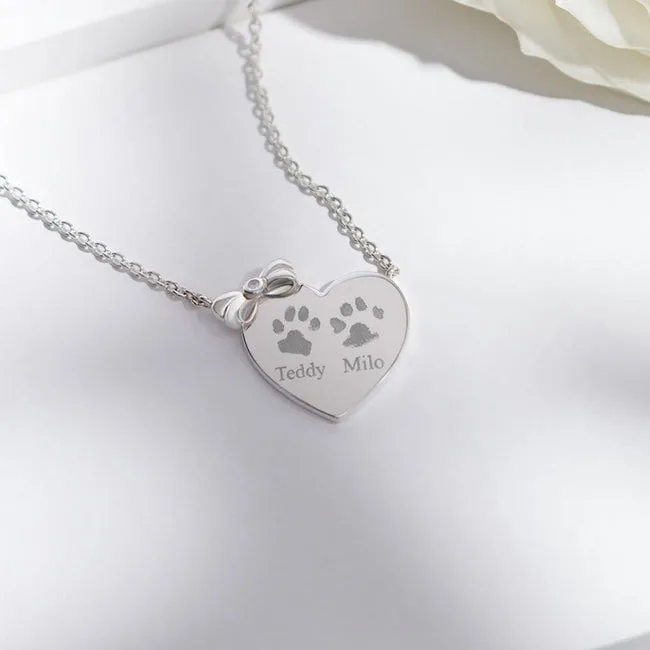 Engraved Heart and Bow Pawprint Memorial Necklace with Fine Crystal