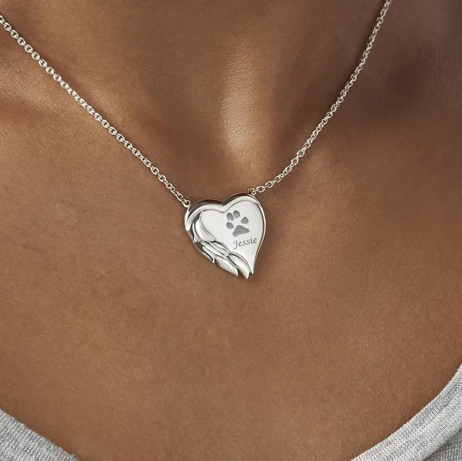 Engraved Winged Heart Pawprint Memorial Necklace