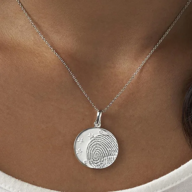 Engraved Moons Fingerprint Memorial Pendants with Fine Crystal