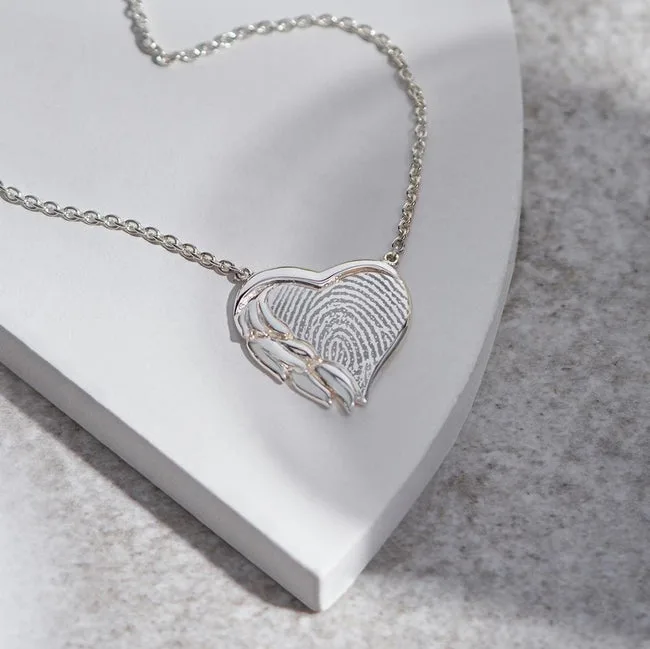 Engraved Winged Heart Fingerprint Memorial Necklace