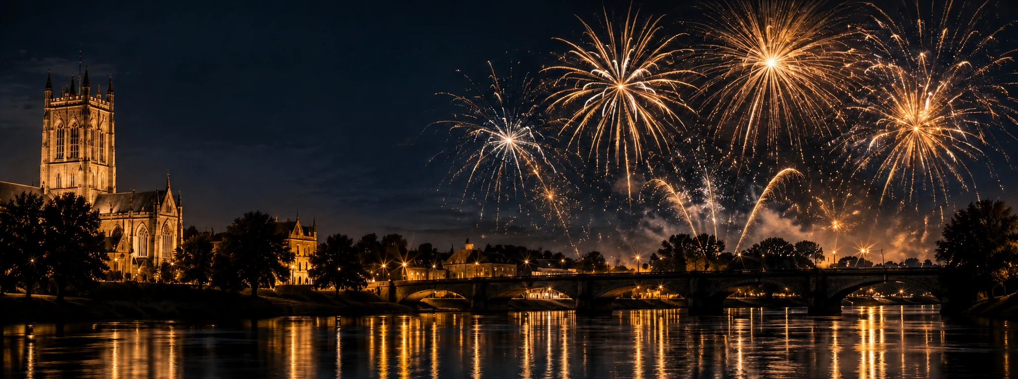 Golden fireworks over a church, riverside bridge and reflections in Doncaster