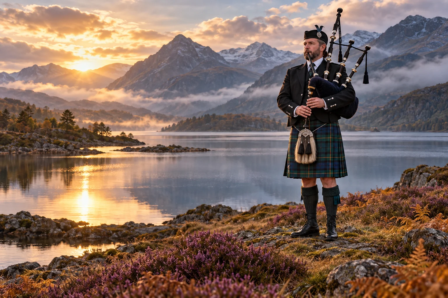 A Scottish bagpiper playing beside a peaceful Highland loch, with mountains, mist and heather