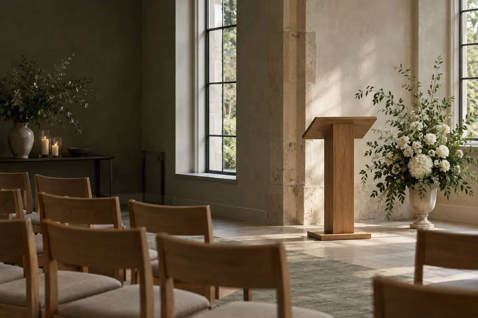 Illustrative ceremony setting with an oak lectern, white flowers and soft window light