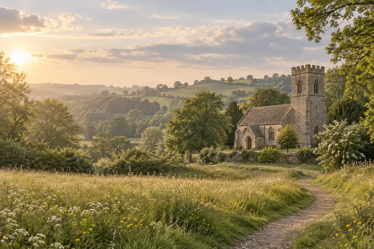Illustrative countryside church nestled among trees, meadows and rolling hills in warm evening light