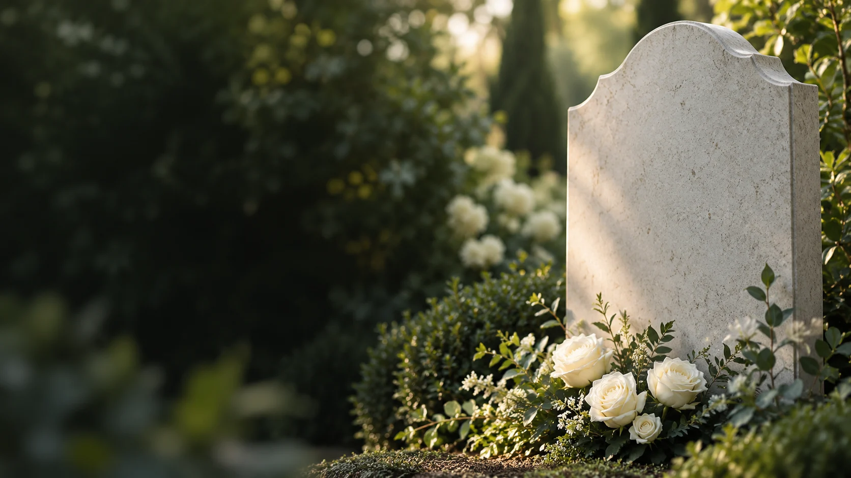 Pale stone memorial with white roses in a softly lit garden