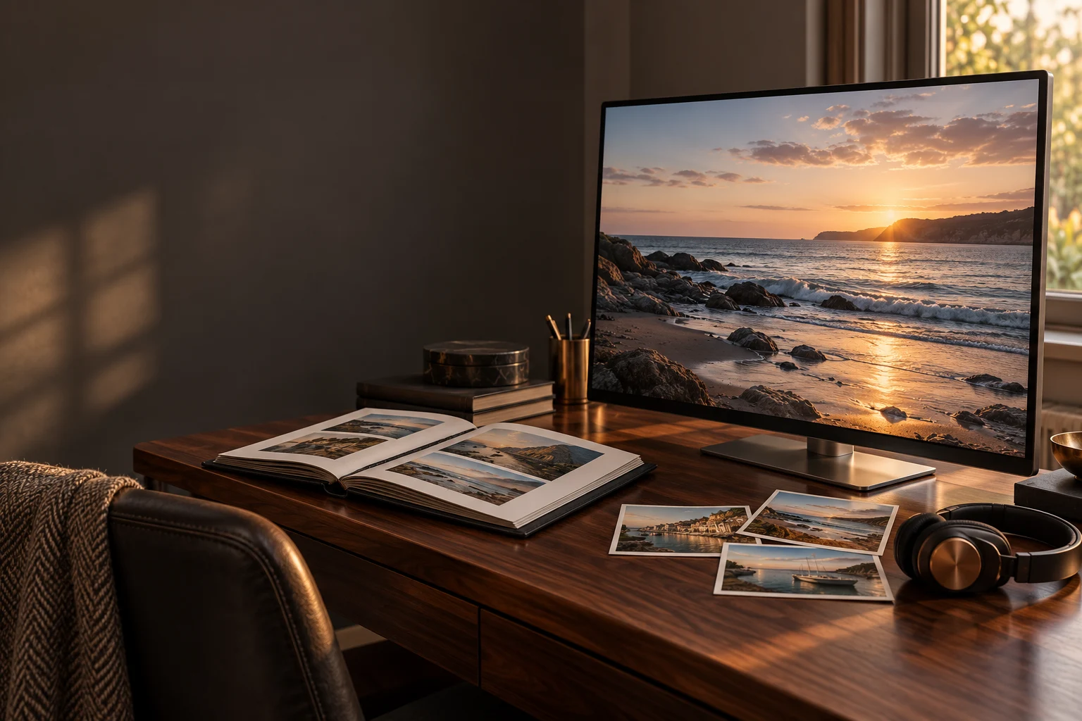 Illustrative multimedia tribute setting with a screen, photo album, printed photographs and headphones