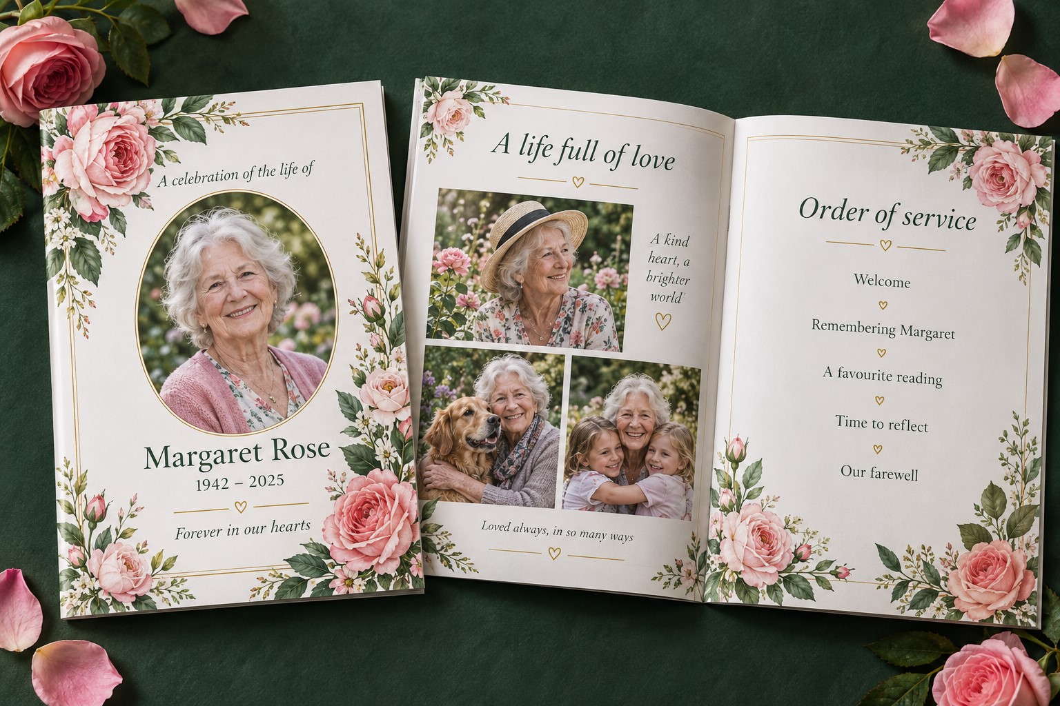 Illustrative garden-themed order of service showing a personalised photograph cover and matching inside pages