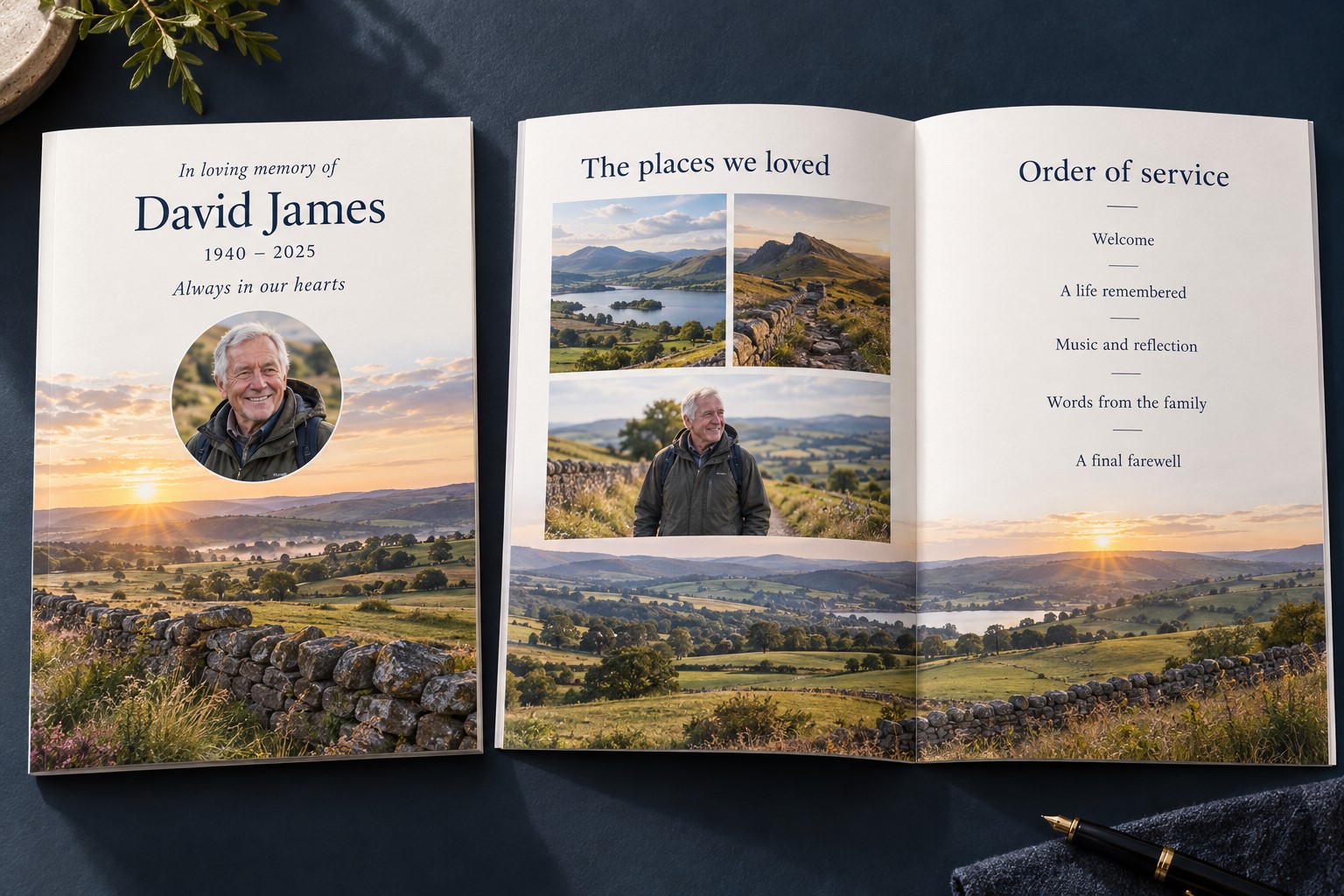 Illustrative Yorkshire landscape order of service with a personal cover and interior photographs