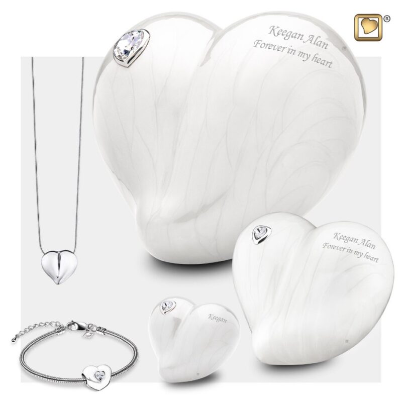 LoveHeart Standard Adult Urn Pearl White & Polished Silver with Crystal