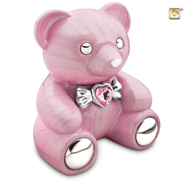 CuddleBear Child Urn Pearl Pink & Polished Silver with Crystal