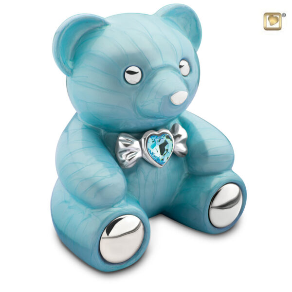 CuddleBear Child Urn Pearl Blue & Polished Silver with Crystal