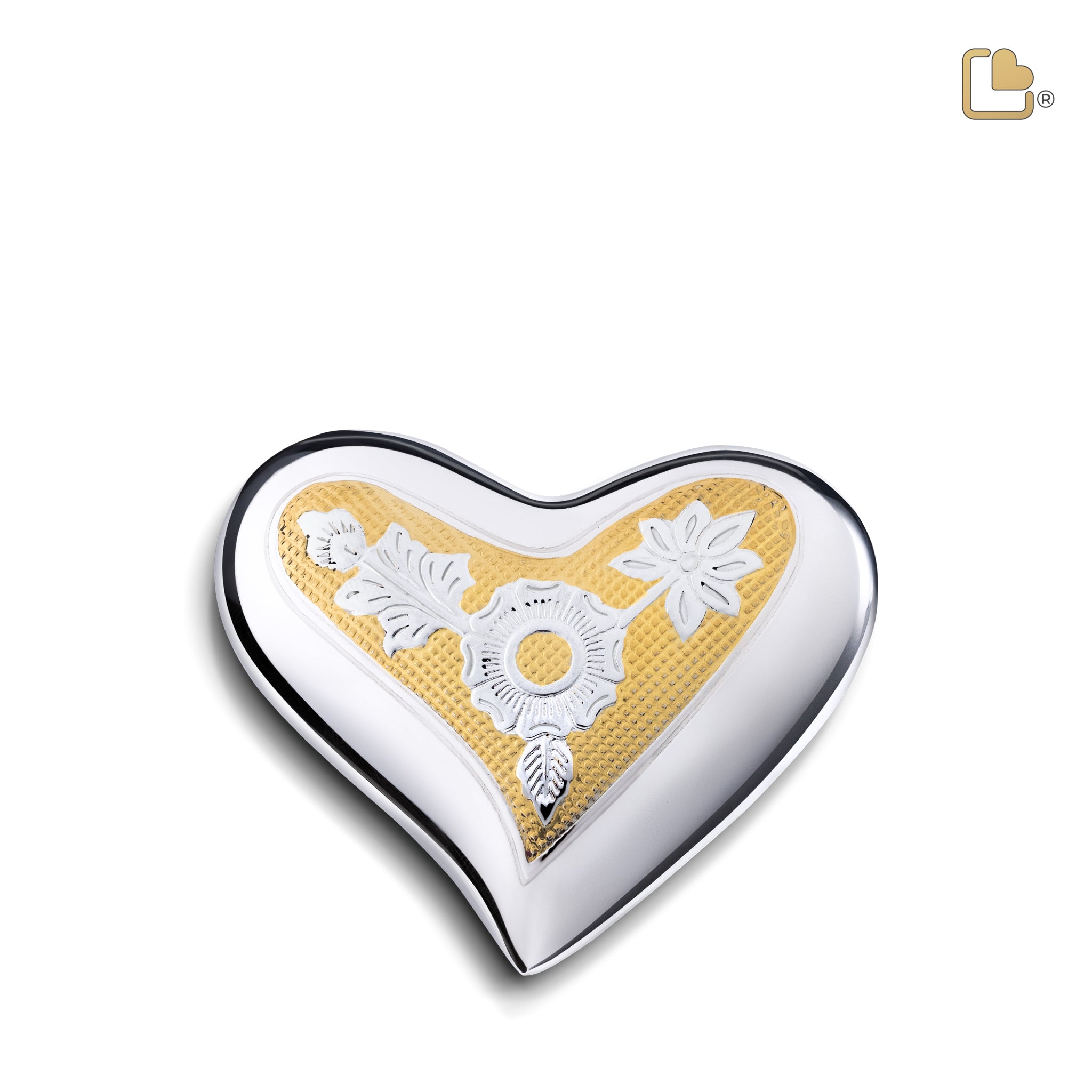 Elegant Floral Heart Keepsake Urn Polished Silver