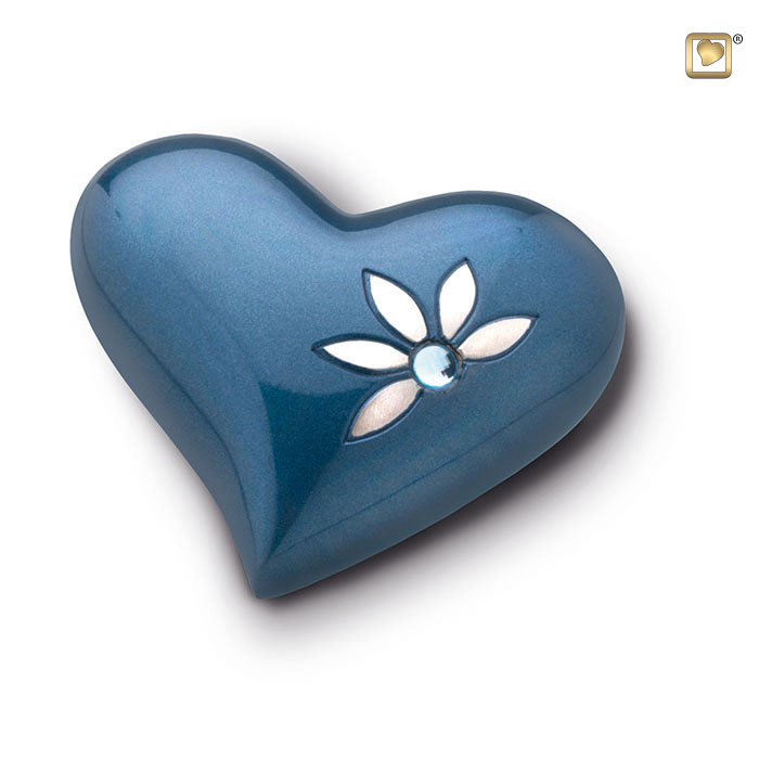Nirvana Azure Heart Keepsake Urn Blue & Brushed Pewter with Crystal