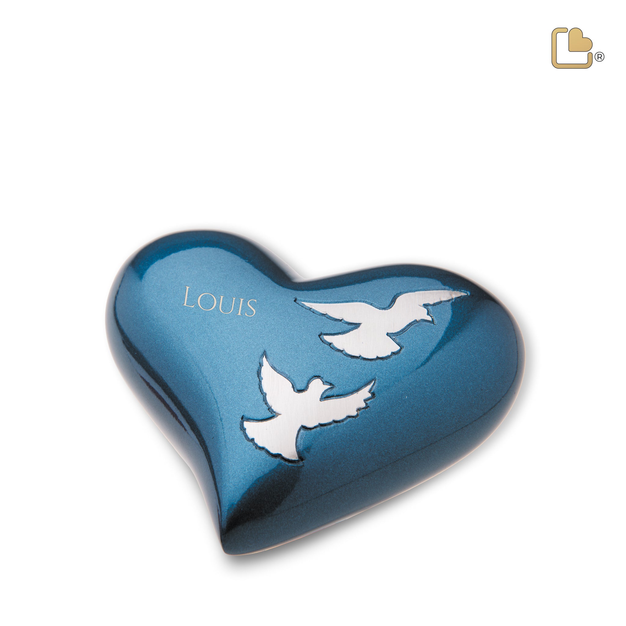 Flying Doves Heart Keepsake Urn Blue & Brushed Pewter