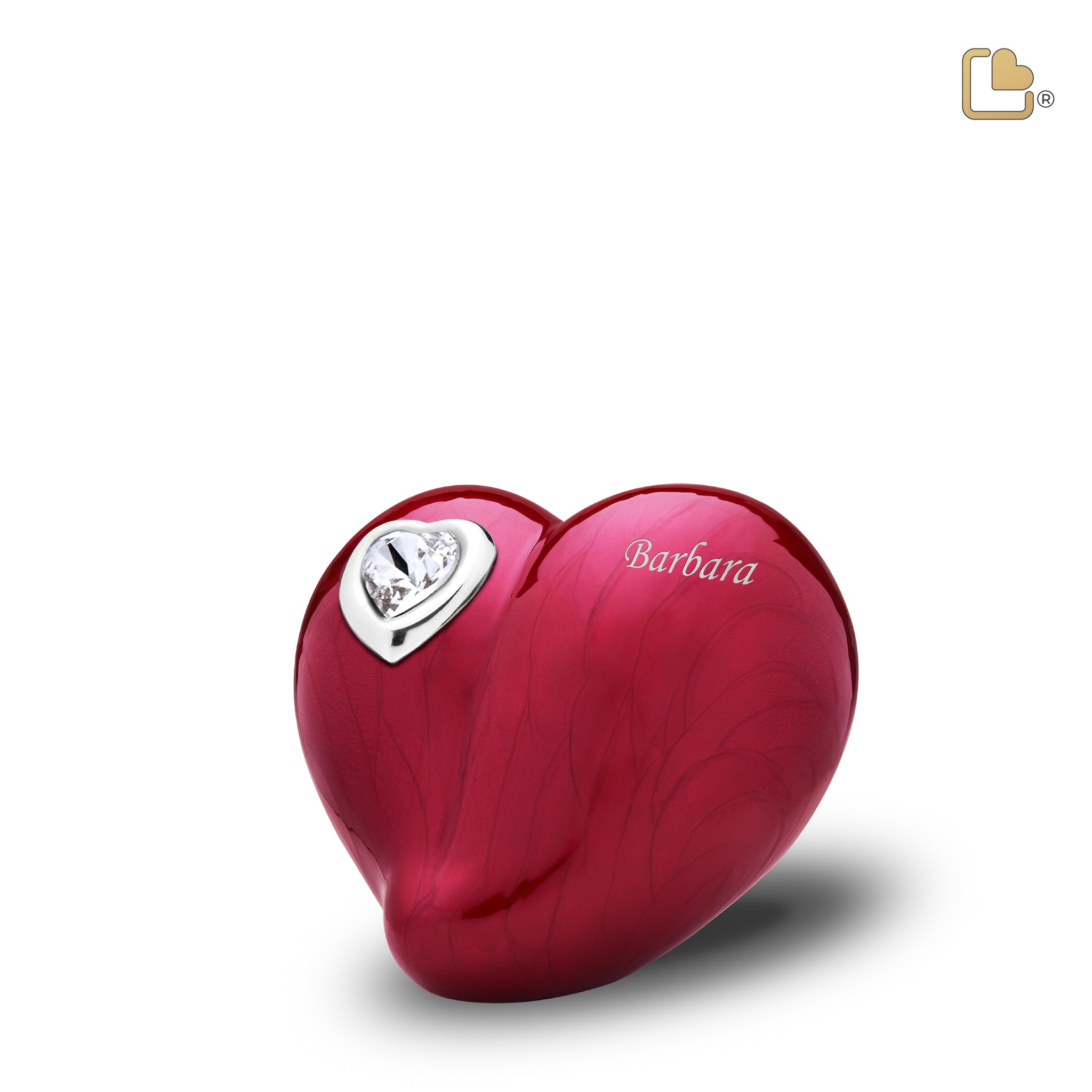 LoveHeart Keepsake Urn Pearl Red & Polished Silver with Crystal