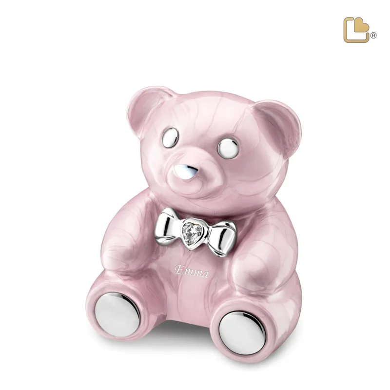 CuddleBear Child Urn Pearl Pink & Polished Silver with Crystal