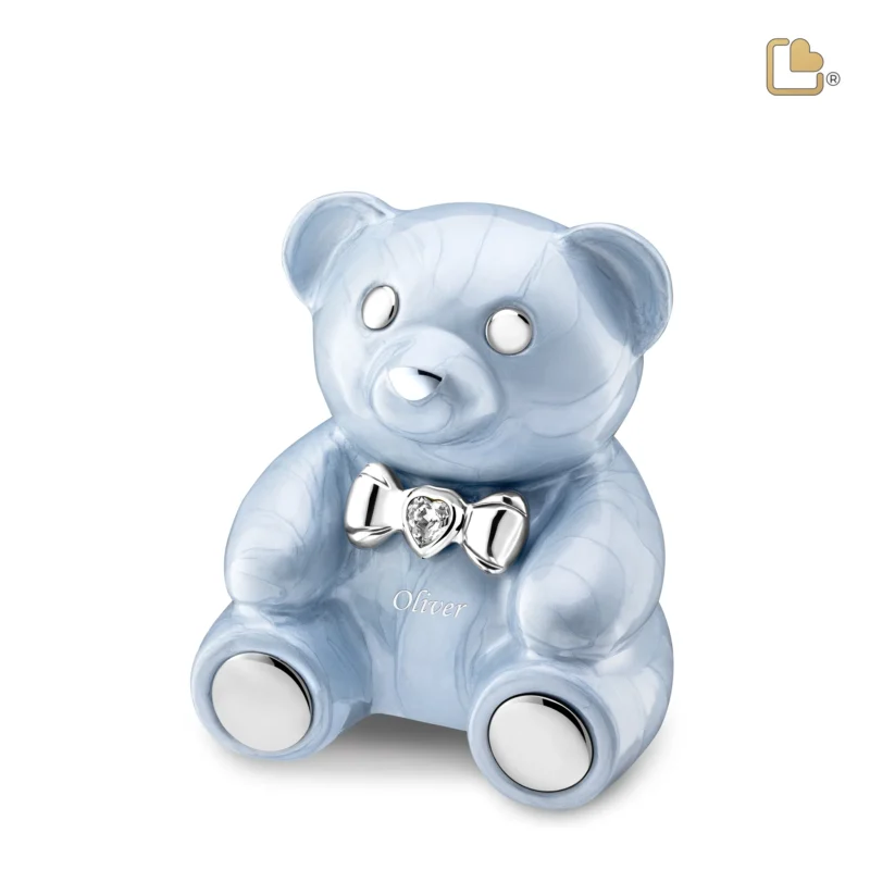 CuddleBear Child Urn Pearl Blue & Polished Silver with Crystal