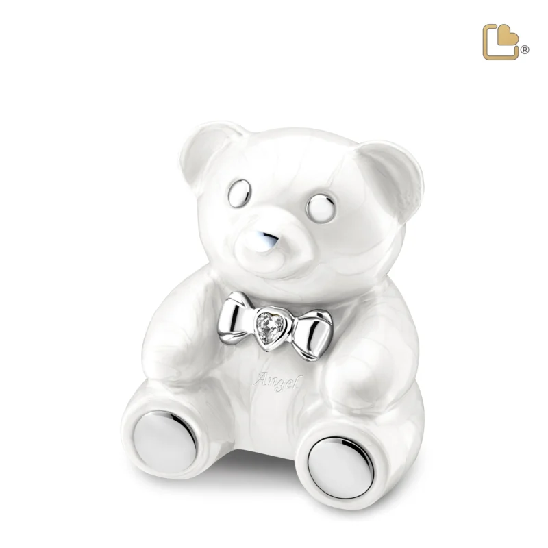 CuddleBear Child Urn Pearl White & Polished Silver with Crystal