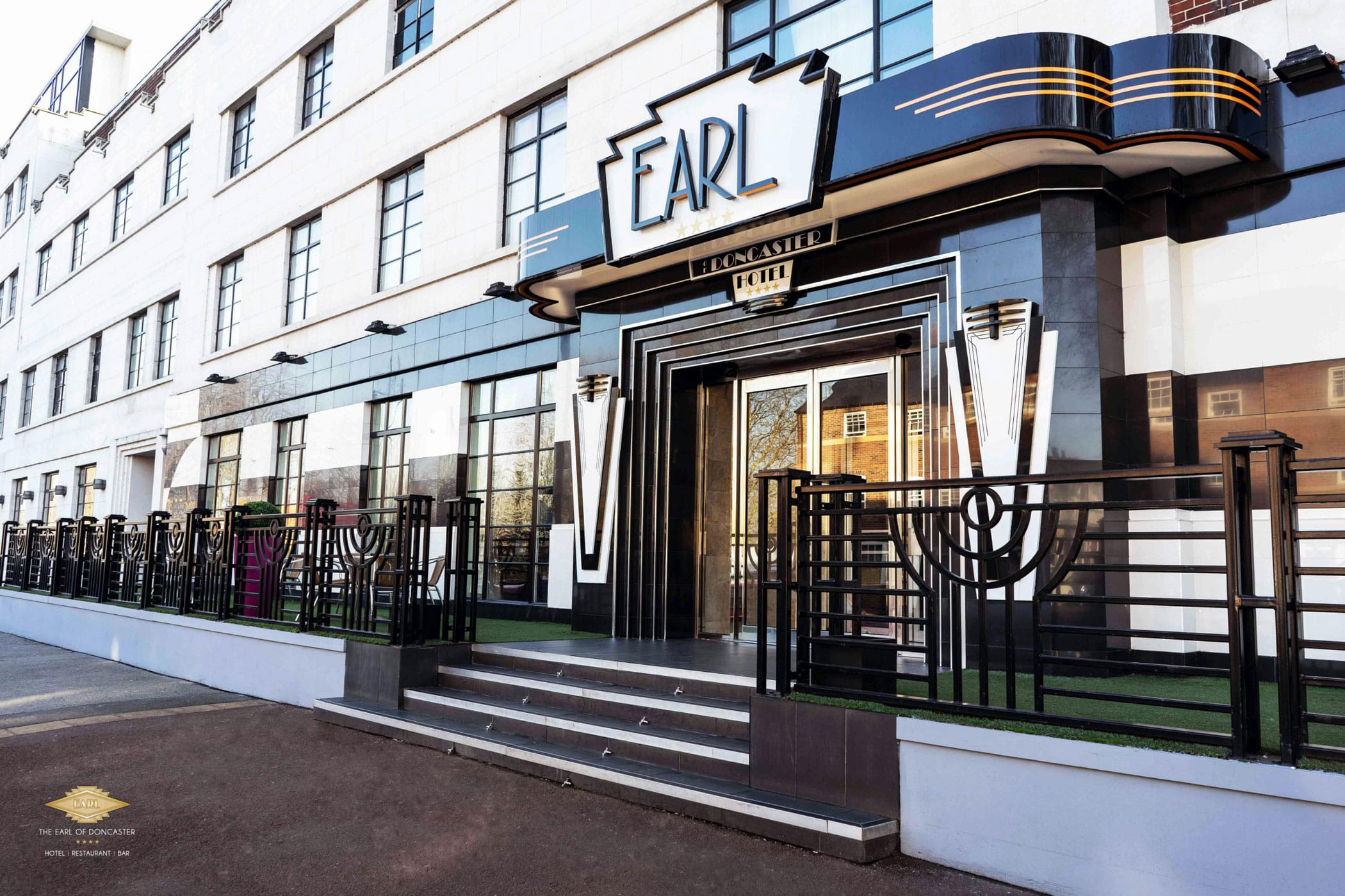 The Art Deco entrance to The Earl of Doncaster hotel
